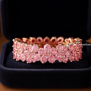 Pink Sapphire Flower Eternity Band | 14K Gold Floral Wedding Ring | Dainty Stacking Ring Gift for Her 14K Rose Gold Band Anniversary Gift