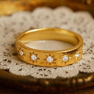 14k Solid Gold Band Ring North Star Ring Star Gold Ring Inset Moissanite Star Ring Statement Ring Promise Ring Wedding Gift Band