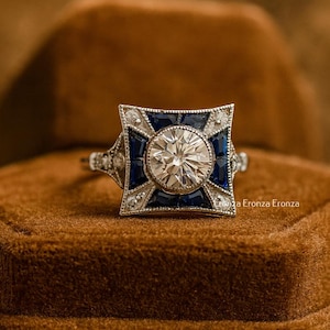 Old European Diamond Vintage Inspire Ring, Antique Edwardian Art Deco Ring, Engagement Proposal Ring, Sapphire Victorian Ring, Gift For Mom