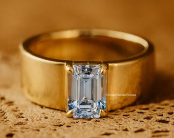 Emerald Cut Aquamarine Engagement Ring, Vintage 18k Solid Gold Anniversary Ring, March Birthstone Gifts Women, Bezel Aquamarine Ring For Her