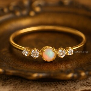 Vintage Opal 14k Yellow Gold White Opal Small & Dainty Engagement Ring, Women's Opal Cluster Promise Ring For Her, Anniversary Gift Ring