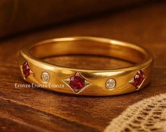 14k Gold Ruby Wedding Band, Women's Pave Ruby Ring, Solid Gold Pink Stone Ring, Dainty Marriage Ring, Minimalist Gold Band, Comfort Fit