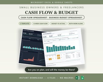Cash Flow Spreadsheet & Business Budget Spreadsheet Bundle | Excel + Google Sheets | 13 Week Plan, Budget vs Actual, Small Business