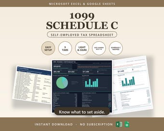 Schedule C Template 1099 Spreadsheet | Excel + Google Sheets | Self Employed Tax Tracker | Freelancer Tax Season Deduction Log