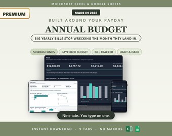 Annual Budget Spreadsheet | Excel & Google Sheets | Paycheck Budget Planner | Bill Tracker | Sinking Funds | Monthly Budget Template