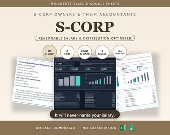 S-Corp Reasonable Salary & Distribution Optimizer | Excel + Google Sheets | S Corp Payroll Tax Spreadsheet | Reasonable Comp Worksheet