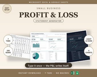 Profit and Loss Template | Excel + Google Sheets | Small Business Bookkeeping Spreadsheet | Income Statement | Finance Spreadsheet