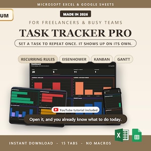 Peut inclure: Un modèle de suivi des tâches numérique pour Microsoft Excel et Google Sheets intitulé Task Tracker Pro. L'interface affiche des tableaux de bord avec des graphiques, des règles récurrentes, Eisenhower, Kanban et Gantt. Inclut un tutoriel YouTube et 15 onglets.