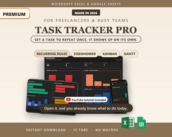 Task Tracker Pro Spreadsheet | Excel & Google Sheets | Recurring Tasks | Eisenhower Matrix, Gantt Chart, Kanban Board | Project Management