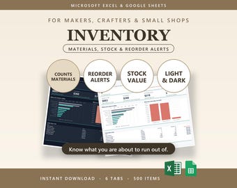 Inventory Tracker Spreadsheet for Small Business & Etsy | Excel + Google Sheets | Materials, Stock Levels, Low Stock and Reorder Alerts