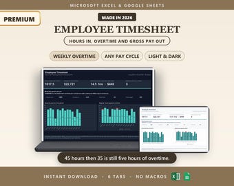 Employee Timesheet Spreadsheet | Work Hours Log & Overtime Tracker for Small Business | Payroll Hours | Excel and Google Sheets Template