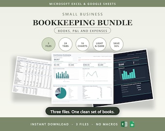 Small Business Bundle | Bookkeeping Spreadsheet, Profit and Loss & Expense Tracker | 3 Excel + Google Sheets Templates | 24 Tabs