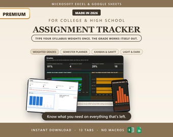Student Assignment Tracker Spreadsheet | Excel & Google Sheets | Weighted Grade Calculator | Homework Planner | College Semester Planner