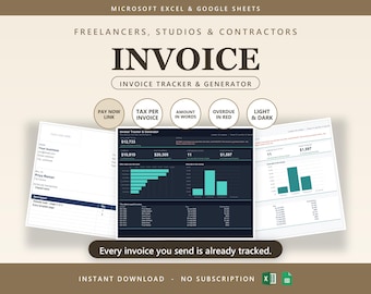 Invoice Tracker & Generator | Invoice Template, Bill Tracker, Excel + Google Sheets | Sales Tax, Overdue Aging, Pay Now Link