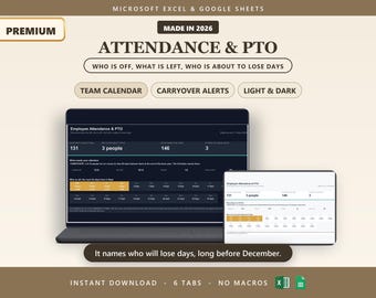 Employee Attendance Tracker and PTO Tracker Spreadsheet | Staff Time Off, Sick Day, Holiday Planner | Excel & Google Sheets Attendance Sheet