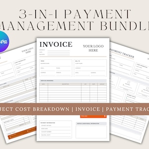 Puede incluir: Un paquete de tres documentos imprimibles para la gestión financiera. Los documentos incluyen un desglose de costos del proyecto, una factura y un rastreador de pagos. Los documentos son blancos con texto negro y tienen áreas para un logotipo.