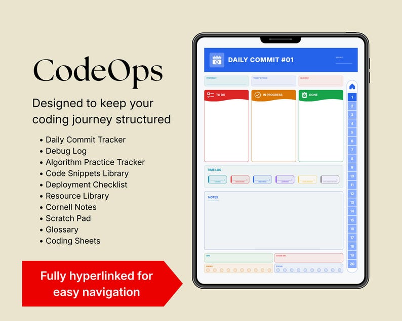 Planer przepływu pracy programisty z hiperłączami w formacie PDF, cyfrowy planer kodowania, śledzenie programowania, tablet GoodNotes Notability na iPada zdjęcie 7