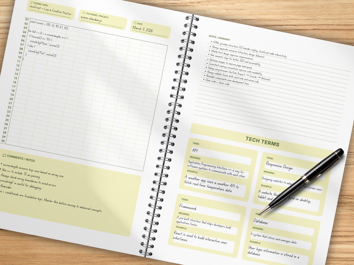 Coding Journal Printable PDF for Programmers, Developer Study Planner ...