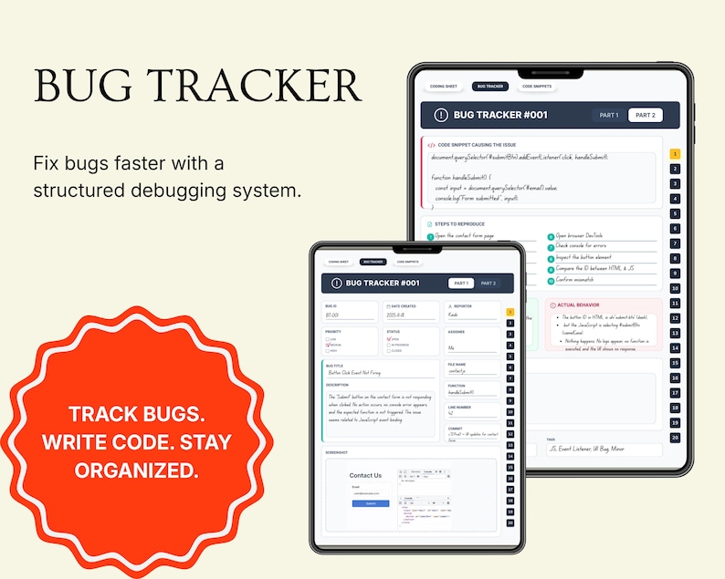 Puede incluir: Dos tabletas digitales que muestran una interfaz de "Bug Tracker". El texto dice "Soluciona errores m&aacute;s r&aacute;pido con un sistema de depuraci&oacute;n estructurado." y "Rastrea errores. Escribe c&oacute;digo. Mantente organizado." La interfaz incluye fragmentos de c&oacute;digo y detalles de errores.
