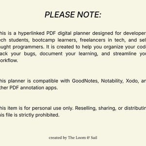 Puede incluir: Un planificador digital PDF para desarrolladores, estudiantes de tecnolog&iacute;a y aut&oacute;nomos. Ayuda a organizar el c&oacute;digo, rastrear errores y optimizar el flujo de trabajo. Compatible con GoodNotes, Notability y Xodo. El texto "PLEASE NOTE:" es visible.