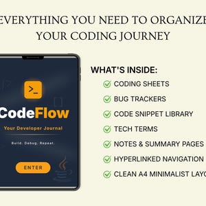 Puede incluir: Una tableta digital muestra la aplicaci&oacute;n "CodeFlow", un diario de desarrollador, con el texto "Todo lo que necesitas para organizar tu viaje de codificaci&oacute;n". La interfaz de la aplicaci&oacute;n es azul oscuro con un bot&oacute;n naranja que dice "Entrar".