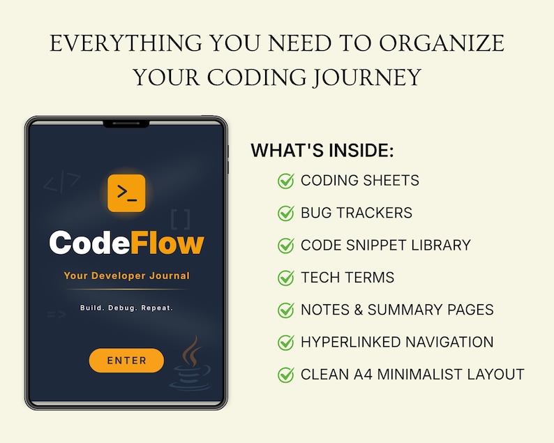 Puede incluir: Una tableta digital muestra la aplicaci&oacute;n "CodeFlow", un diario de desarrollador, con el texto "Todo lo que necesitas para organizar tu viaje de codificaci&oacute;n". La interfaz de la aplicaci&oacute;n es azul oscuro con un bot&oacute;n naranja que dice "Entrar".