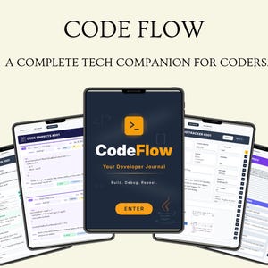 Puede incluir: Imagen de cinco tabletas que muestran la aplicaci&oacute;n "Code Flow". La tableta central muestra el logotipo de la aplicaci&oacute;n y el texto "Your Developer Journal". Otras tabletas muestran fragmentos de c&oacute;digo y herramientas de seguimiento. El texto "A COMPLETE TECH COMPANION FOR CODERS" est&aacute; en la parte superior.