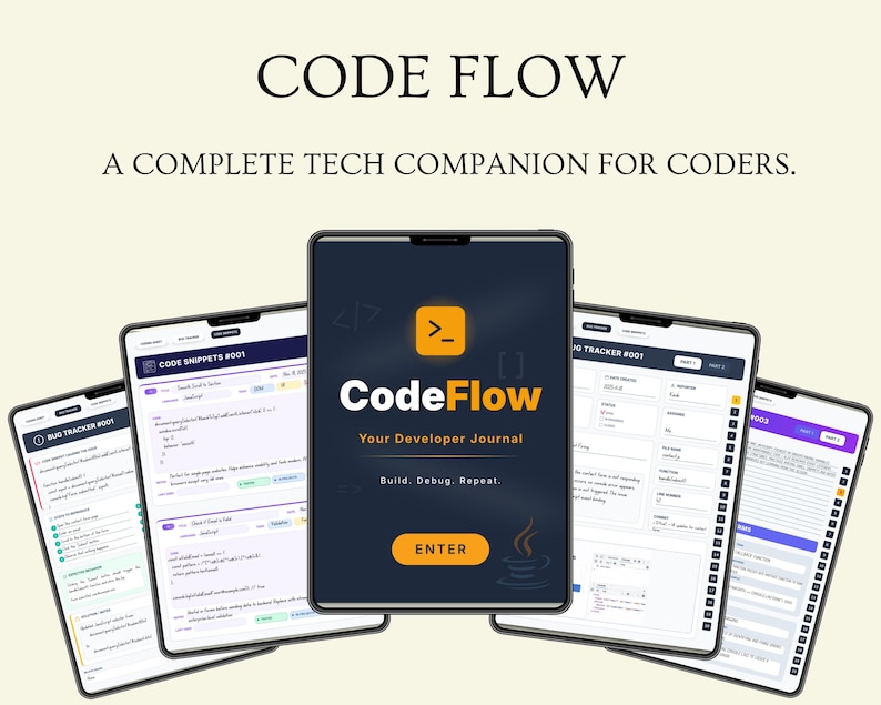 Puede incluir: Imagen de cinco tabletas que muestran la aplicaci&oacute;n "Code Flow". La tableta central muestra el logotipo de la aplicaci&oacute;n y el texto "Your Developer Journal". Otras tabletas muestran fragmentos de c&oacute;digo y herramientas de seguimiento. El texto "A COMPLETE TECH COMPANION FOR CODERS" est&aacute; en la parte superior.