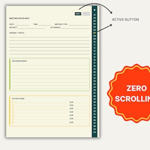 Peut inclure: Un mod&egrave;le de notes de r&eacute;union avec des sections pour la date, le projet, l'ordre du jour et les &eacute;l&eacute;ments d'action. La conception comprend une barre de navigation lat&eacute;rale avec un bouton actif et un badge rouge et orange indiquant "ZERO SCROLLING".
