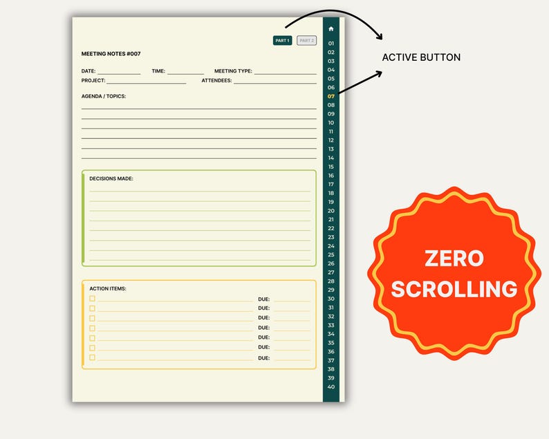 Peut inclure: Un mod&egrave;le de notes de r&eacute;union avec des sections pour la date, le projet, l'ordre du jour et les &eacute;l&eacute;ments d'action. La conception comprend une barre de navigation lat&eacute;rale avec un bouton actif et un badge rouge et orange indiquant "ZERO SCROLLING".