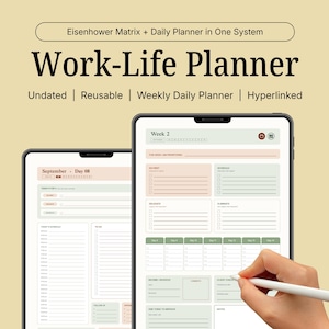 Puede incluir: Un planificador digital de trabajo y vida personal en dos tabletas, con una matriz de Eisenhower y agenda diaria. La interfaz incluye el texto Eisenhower Matrix + Daily Planner in One System, Work-Life Planner, Undated, Reusable, Weekly Daily Planner y Hyperlinked.