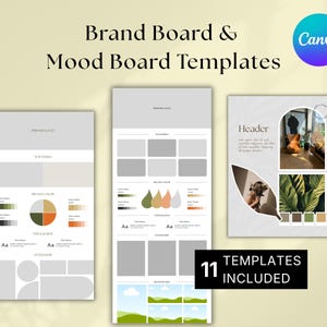 Puede incluir: Imagen de tres plantillas de tableros de marca y mood board. Las plantillas incluyen secciones para logotipos, paletas de colores, tipografía y elementos de mood board. El logotipo de Canva está en la esquina superior derecha. El texto "11 TEMPLATES INCLUDED" está en un rectángulo negro.