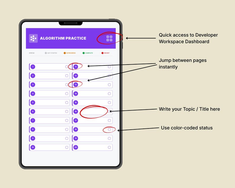 Planer przepływu pracy programisty z hiperłączami w formacie PDF, cyfrowy planer kodowania, śledzenie programowania, tablet GoodNotes Notability na iPada zdjęcie 8