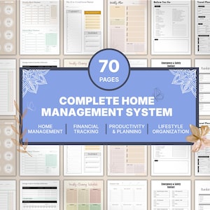 Op de afbeelding: Een compleet home management systeem met 70 pagina's. De pagina's bevatten secties voor home management, financiële tracking, productiviteit en lifestyle organisatie. Het ontwerp is een mix van wit, blauw en beige.