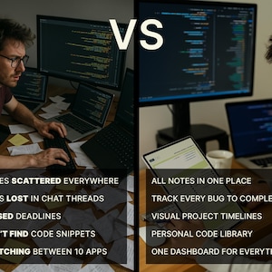 Peut inclure: Image divis&eacute;e en deux, comparant deux m&eacute;thodes de codage. &Agrave; gauche, une personne avec des notes &eacute;parpill&eacute;es et le texte : &laquo; Notes &eacute;parpill&eacute;es partout &raquo;. &Agrave; droite, une personne avec une tablette et le texte : &laquo; Toutes les notes au m&ecirc;me endroit &raquo;.