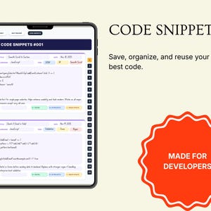 Puede incluir: Una tableta digital muestra "CODE SNIPPETS" con ejemplos de c&oacute;digo. La pantalla muestra fragmentos de c&oacute;digo organizados con t&iacute;tulos, idiomas y fechas. La imagen incluye el texto "Save, organize, and reuse your best code" y "MADE FOR DEVELOPERS".