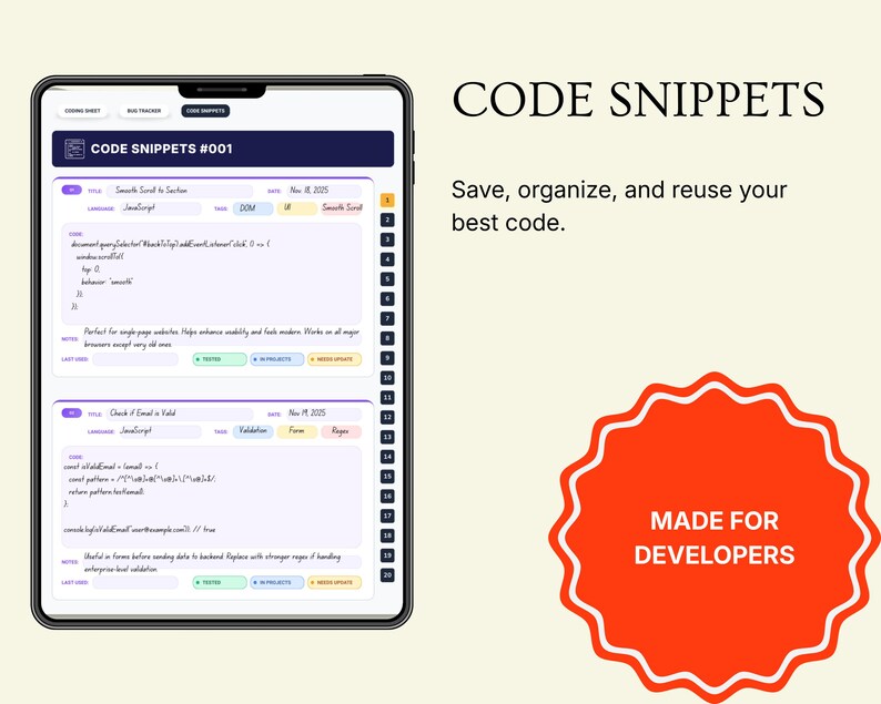 Puede incluir: Una tableta digital muestra "CODE SNIPPETS" con ejemplos de c&oacute;digo. La pantalla muestra fragmentos de c&oacute;digo organizados con t&iacute;tulos, idiomas y fechas. La imagen incluye el texto "Save, organize, and reuse your best code" y "MADE FOR DEVELOPERS".