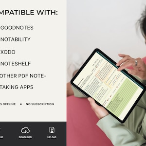 Peut inclure: Une personne tient une tablette affichant un planificateur num&eacute;rique. L'&eacute;cran montre une mise en page d&eacute;taill&eacute;e avec des sections pour les notes et les listes de contr&ocirc;le. Le texte &agrave; l'&eacute;cran comprend "Compatible avec: GoodNotes, Notability, Xodo, Noteshelf, Autres applications de prise de notes PDF".