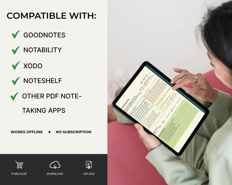 Peut inclure: Une personne tient une tablette affichant un planificateur num&eacute;rique. L'&eacute;cran montre une mise en page d&eacute;taill&eacute;e avec des sections pour les notes et les listes de contr&ocirc;le. Le texte &agrave; l'&eacute;cran comprend "Compatible avec: GoodNotes, Notability, Xodo, Noteshelf, Autres applications de prise de notes PDF".
