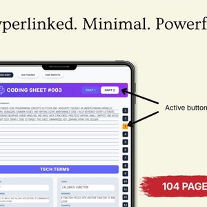 Puede incluir: Una hoja de codificaci&oacute;n digital que se muestra en la pantalla de una tableta. La hoja se titula "CODING SHEET #003" e incluye secciones para notas y t&eacute;rminos t&eacute;cnicos. La pantalla tambi&eacute;n muestra botones activos y una pancarta roja que indica "104 P&Aacute;GINAS".