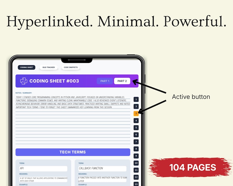 Puede incluir: Una hoja de codificaci&oacute;n digital que se muestra en la pantalla de una tableta. La hoja se titula "CODING SHEET #003" e incluye secciones para notas y t&eacute;rminos t&eacute;cnicos. La pantalla tambi&eacute;n muestra botones activos y una pancarta roja que indica "104 P&Aacute;GINAS".