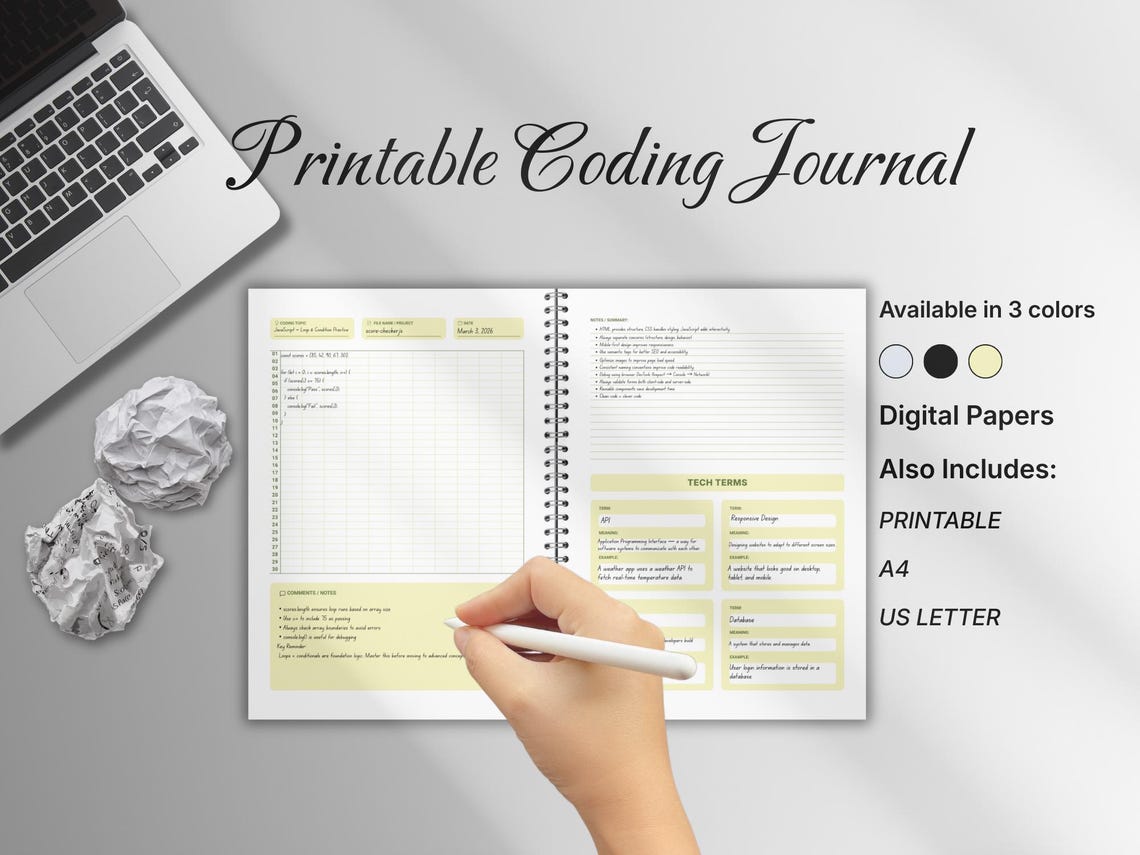 Coding Journal Printable PDF for Programmers, Developer Study Planner, Bootcamp Notes Template ...