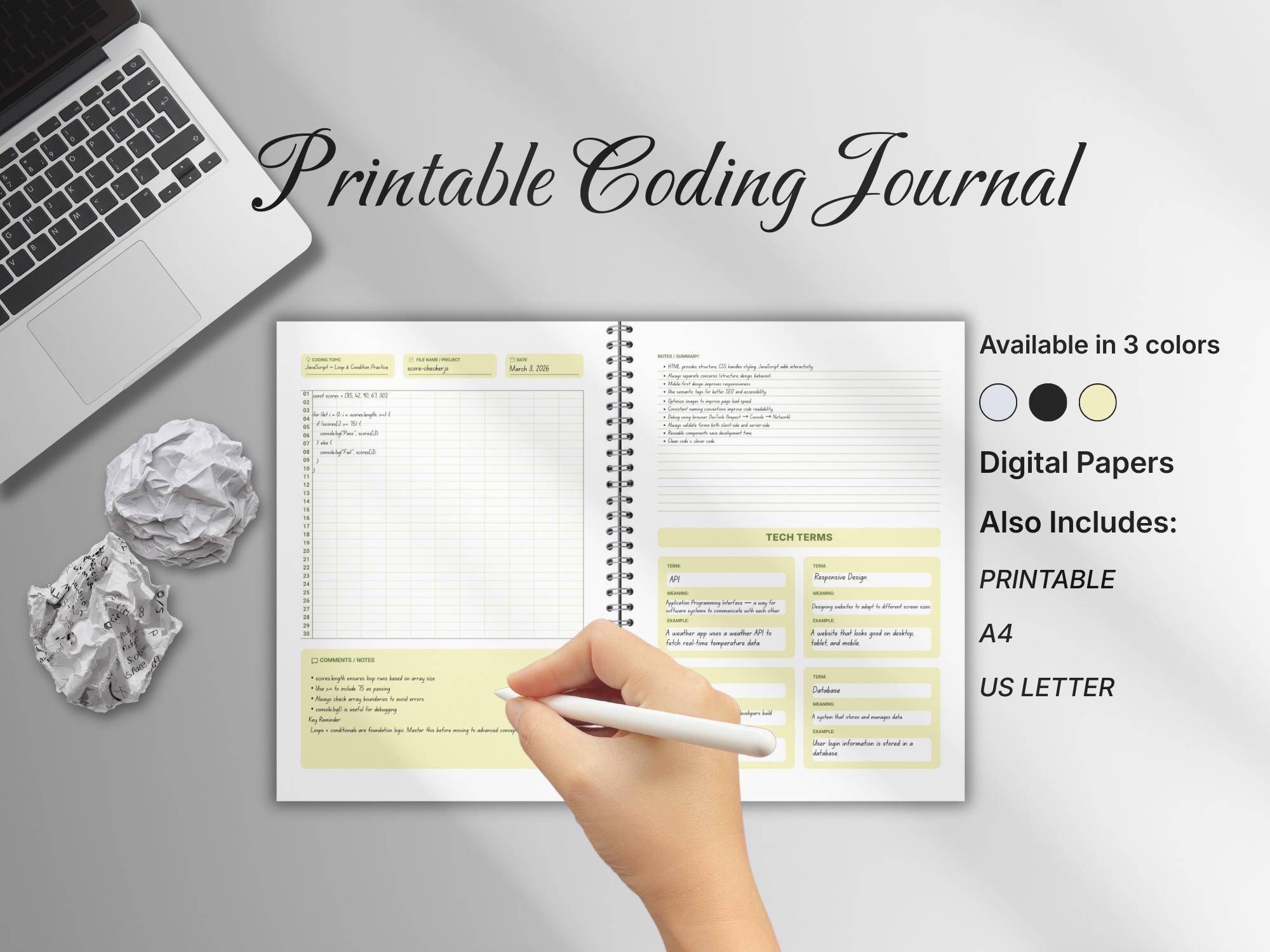 Coding Journal Printable PDF for Programmers, Developer Study Planner ...