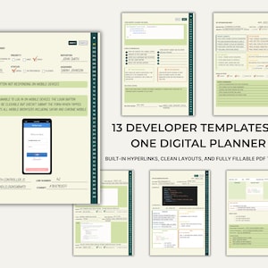 以下が含まれることがあります： 13 の開発者テンプレートを備えたデジタルプランナー。テンプレートは、黒いテキストの薄緑色の背景に表示されます。プランナーには、組み込みのハイパーリンクと、入力可能な PDF テンプレートが含まれています。