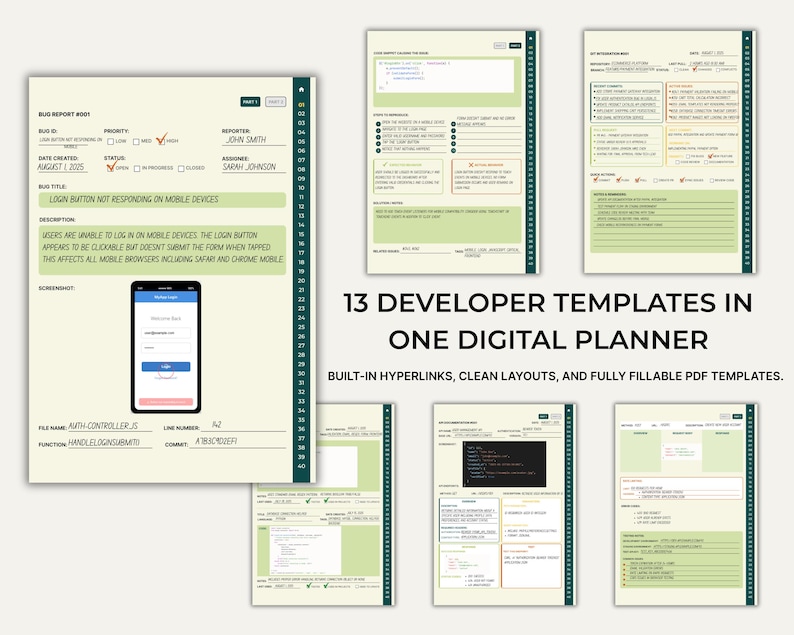 Peut inclure: Un planificateur num&eacute;rique avec 13 mod&egrave;les de d&eacute;veloppeur. Les mod&egrave;les sont affich&eacute;s sur un fond vert clair avec du texte noir. Le planificateur comprend des hyperliens int&eacute;gr&eacute;s et des mod&egrave;les PDF remplissables.