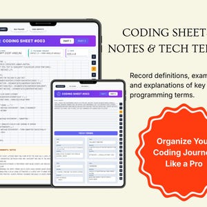Puede incluir: Dos tabletas que muestran hojas de codificaci&oacute;n con notas y t&eacute;rminos t&eacute;cnicos. La tableta m&aacute;s grande muestra una hoja de codificaci&oacute;n detallada con informaci&oacute;n de manejo de eventos JavaScript. La tableta m&aacute;s peque&ntilde;a muestra una hoja de t&eacute;rminos t&eacute;cnicos. El texto dice: "Organiza tu viaje de codificaci&oacute;n como un profesional."