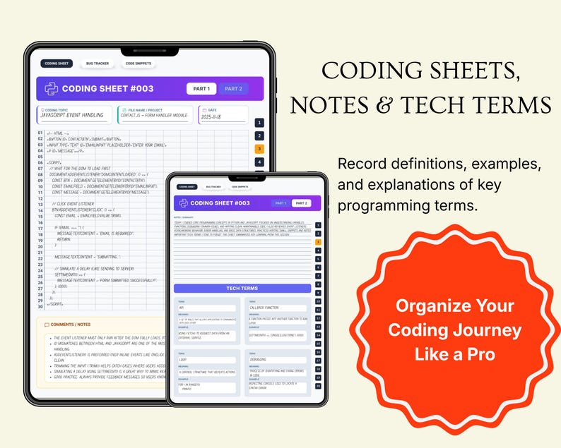 Puede incluir: Dos tabletas que muestran hojas de codificaci&oacute;n con notas y t&eacute;rminos t&eacute;cnicos. La tableta m&aacute;s grande muestra una hoja de codificaci&oacute;n detallada con informaci&oacute;n de manejo de eventos JavaScript. La tableta m&aacute;s peque&ntilde;a muestra una hoja de t&eacute;rminos t&eacute;cnicos. El texto dice: "Organiza tu viaje de codificaci&oacute;n como un profesional."