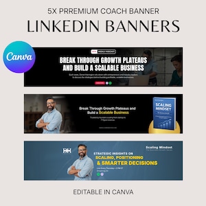 Könnte beinhalten: Werbebild mit drei LinkedIn-Banner-Vorlagen. Die Banner haben ein Farbschema aus Schwarz, Blau und Grau. Der Text enthält "Break Through Growth Plateaus and Build a Scalable Business" und "Strategic Insights on Scaling, Positioning & Smarter Decisions."
