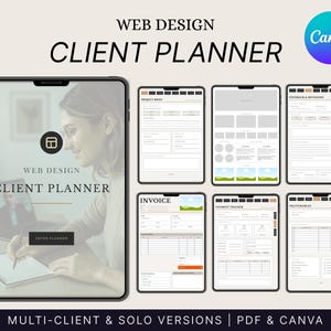 Création de sites Web Client Planner Suivi de projet numérique avec liens hypertexte pour les indépendants Wireframes, moodboard et flux de travail PDF