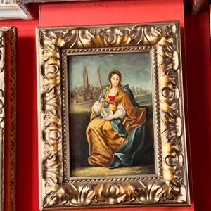 Oil on copper, late 18th century – Saint Justa with tower and palm tree – original gilt frame